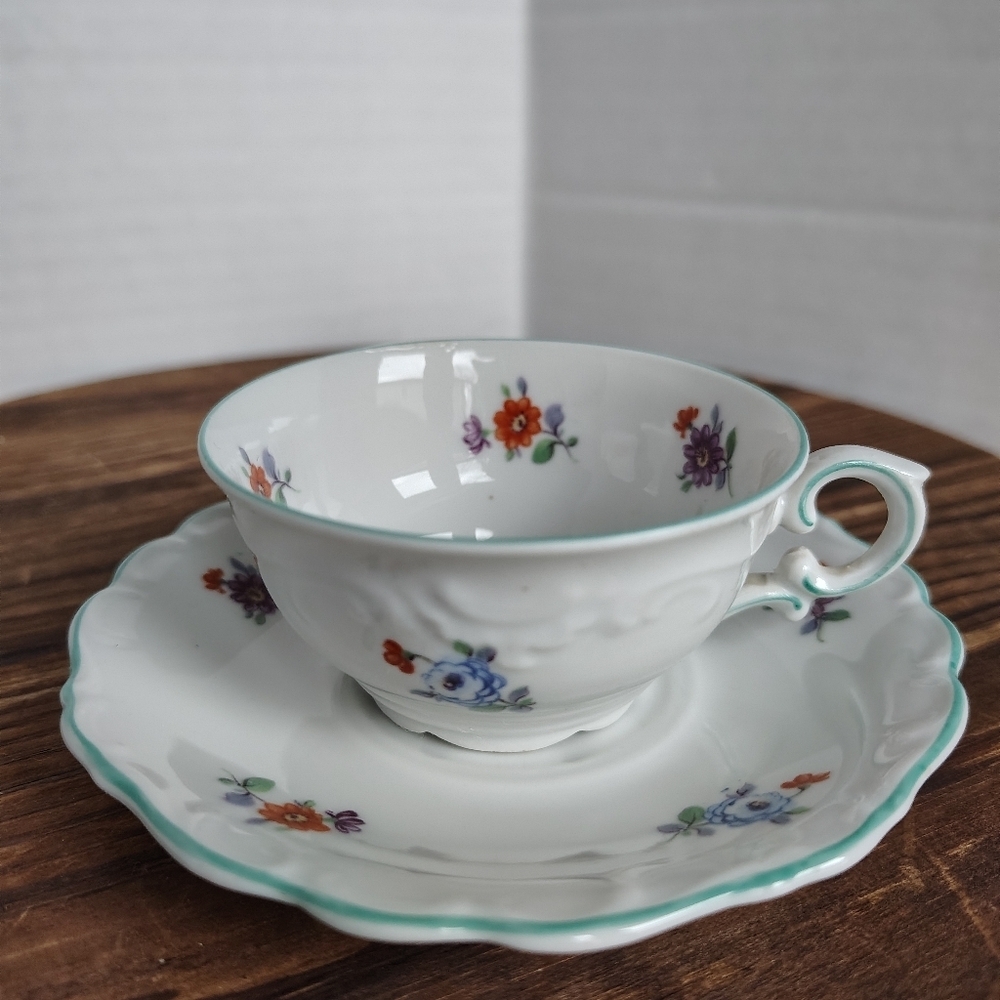 Schumann Germany Bavaria Cup & Saucer Floral Pattern Vintage Footed Green Trim